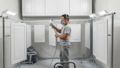 Professional cabinet painting in Chandler AZ using spray and brush for smooth, durable kitchen finishes