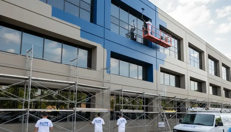 Professional commercial painters finishing an office exterior in Chandler, AZ for lasting sun protection