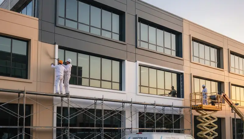 Professional commercial painters finishing an office exterior in Chandler, AZ