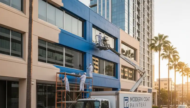 Professional commercial painters finishing office exterior in Chandler, AZ