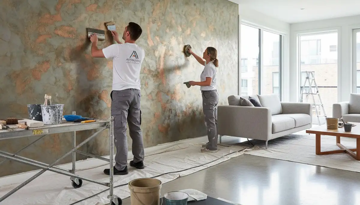 Professional faux painting finish on living room wall in Chandler, AZ by expert decorative painters