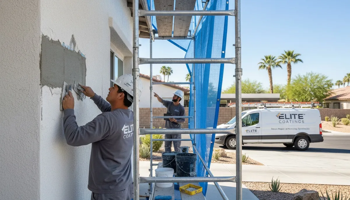 Professional stucco repair on Chandler AZ home exterior by expert house painters restoring cracks and chips
