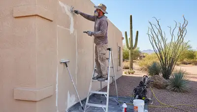 Painter preparing exterior stucco for new coating in Chandler, AZ with professional surface prep tools